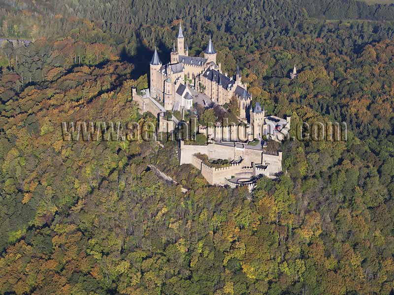 AERIAL VIEW photo of Hohenzollern Castle, Hechingen, Baden-Württemberg, Germany. LUFTAUFNAHME luftbild, Burg Hohenzollern, Deutschland.