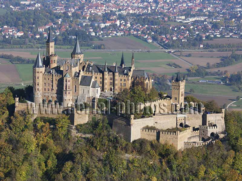 AERIAL VIEW photo of Hohenzollern Castle, Hechingen, Baden-Württemberg, Germany. LUFTAUFNAHME luftbild, Burg Hohenzollern, Deutschland.
