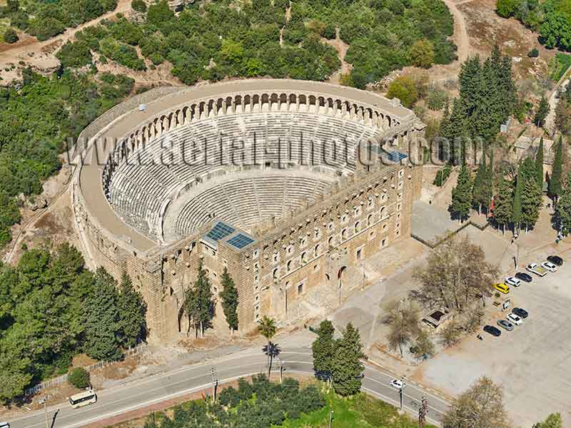 AERIAL VIEW photo of Aspendos Theater, Turkey.