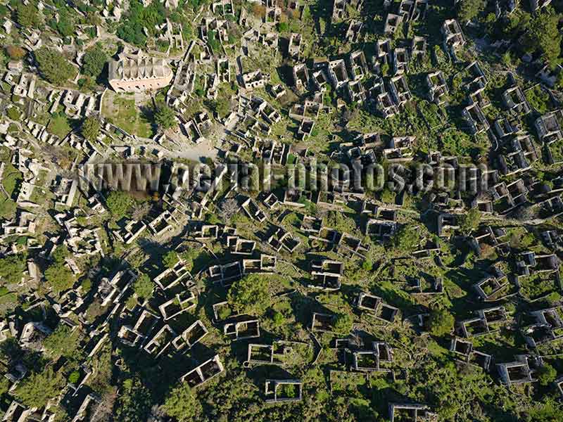 AERIAL VIEW photo of the abandoned village of Kayaköy, Turkey.