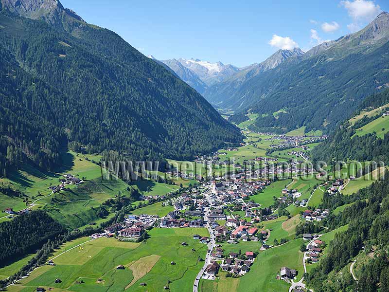 Aerial photo of the Stubai Valley and the Zuckerhütl, Tyrol, Austria. Luftaufnahme, luftbild, Tirol, Österreich.