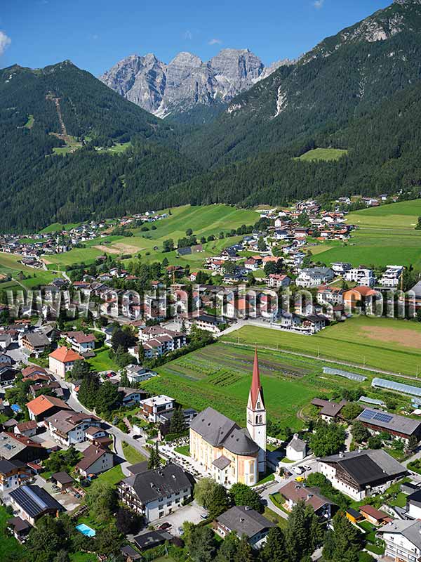 Aerial photo of Telfes Parish Church, Tyrol, Austria. Luftaufnahme, luftbild, Tirol, Österreich.