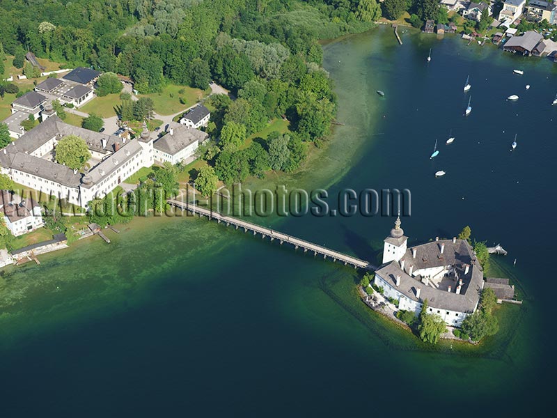 AERIAL VIEW photo of Ort Castle, Gmunden, Traunsee (lake), Upper Austria, Austria. LUFTAUFNAHME luftbild, Schloss Ort, Gmunden, Oberösterreich, Österreich.