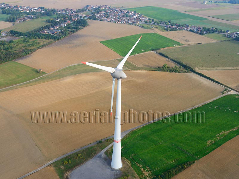 AERIAL VIEW photo of a wind turbine, Estinnes, Wallonia, Belgium. VUE AERIENNE éolienne, Wallonie, Belgique.