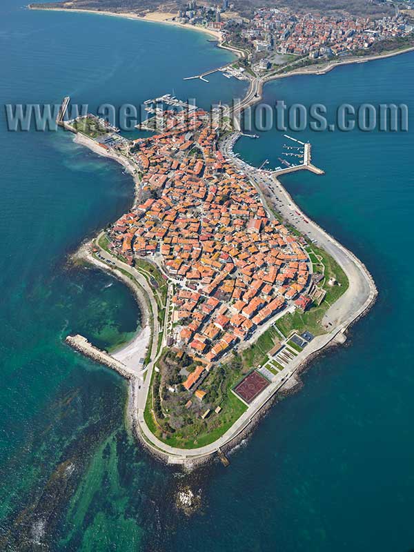 AERIAL VIEW photo of the town of Nesebar on the Black Sea coast.