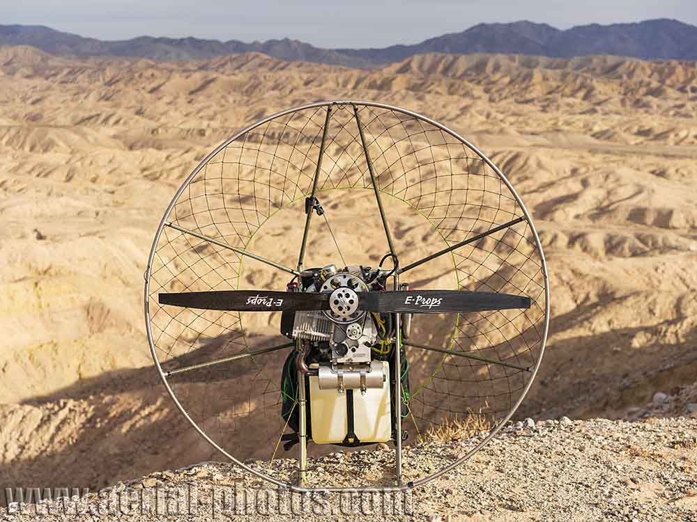 The amazing paramotor: a Bailey 4-stroke engine mounted on a titanium chassis from R.Ultralight. Truckhaven, California, USA.