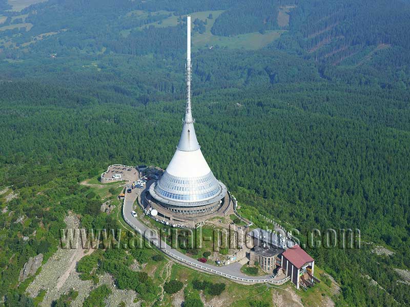 AERIAL VIEW photo of the Ještěd Tower, Liberec, Czech Republic. LETECKÝ POHLED, Česká republika.