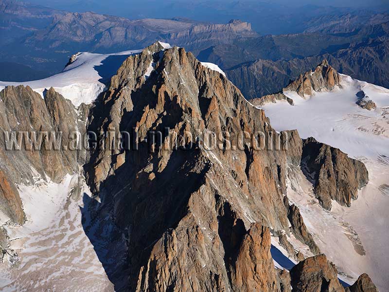 Aerial view. Photo of Mont Blanc du Tacul, Chamonix, Haute-Savoie, Auvergne-Rhône-Alpes, France. Vue aérienne.
