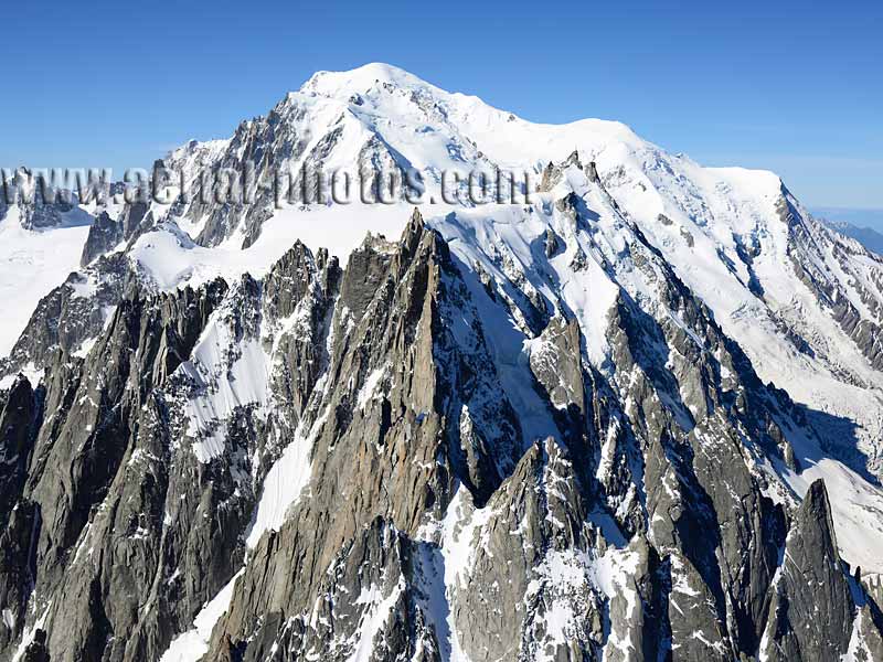 Aerial view. Photo of Chamonix Needles, Mont-Blanc Massif, Auvergne-Rhône-Alpes, France. Vue aérienne.