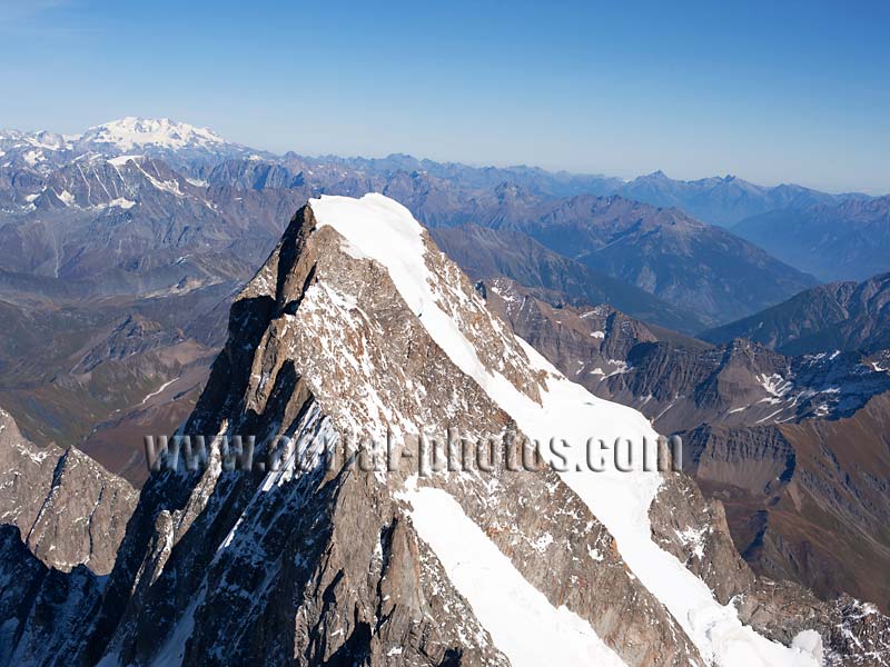 Aerial view. Photo of Grandes Jorasses, Chamonix Mont-Blanc, Haute-Savoie, Auvergne-Rhône-Alpes, France. Vue aérienne.