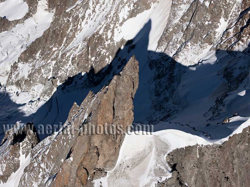 Aerial view. Photo of Dent du Géant, Chamonix Mont-Blanc, Haute-Savoie, Auvergne-Rhône-Alpes, France. Vue aérienne.