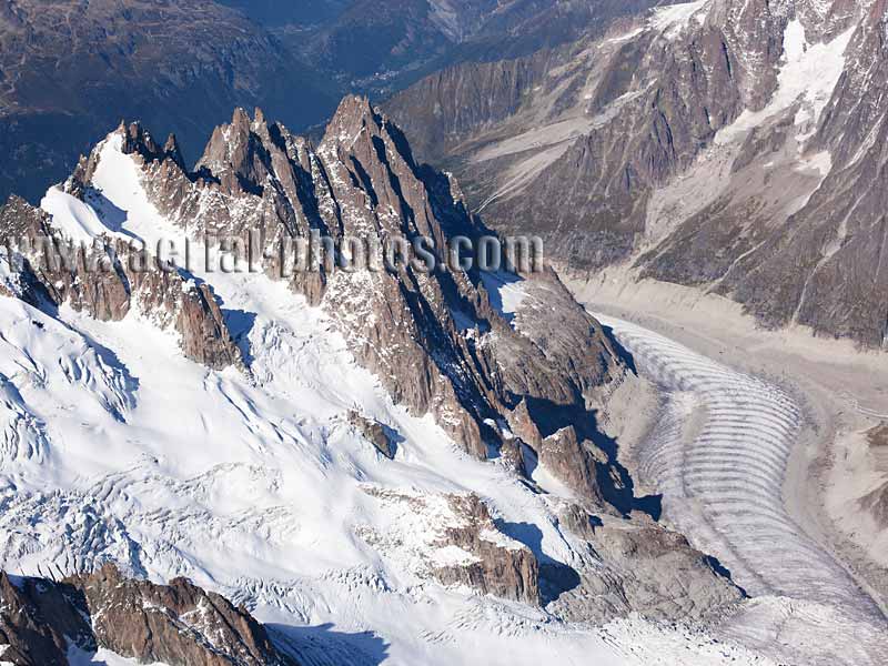 Aerial view. Photo of Chamonix Needles, Mont-Blanc Massif, Auvergne-Rhône-Alpes, France. Vue aérienne Aiguilles de Plan, Blaitière et Grépon, Aiguilles de Chamonix.
