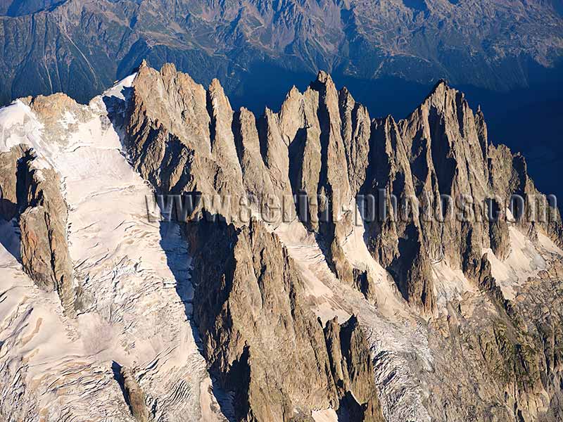 Aerial view. Photo of Plan, Blaitière and Grépon Peaks, Auvergne-Rhône-Alpes, France. Vue aérienne.