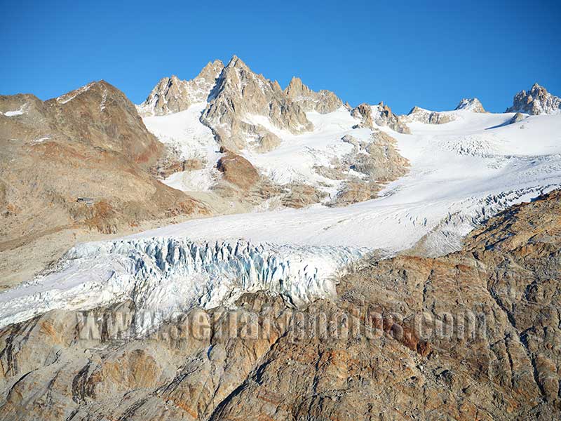 Aerial view. Photo of Glacier du Tour, Chamonix Mont-Blanc, Auvergne-Rhône-Alpes, France. Vue aérienne.