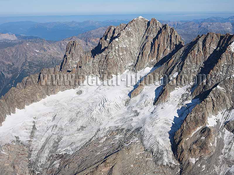 Aerial view. Photo of Aiguille Verte, Chamonix Mont-Blanc, Haute-Savoie, Auvergne-Rhône-Alpes, France. Vue aérienne.