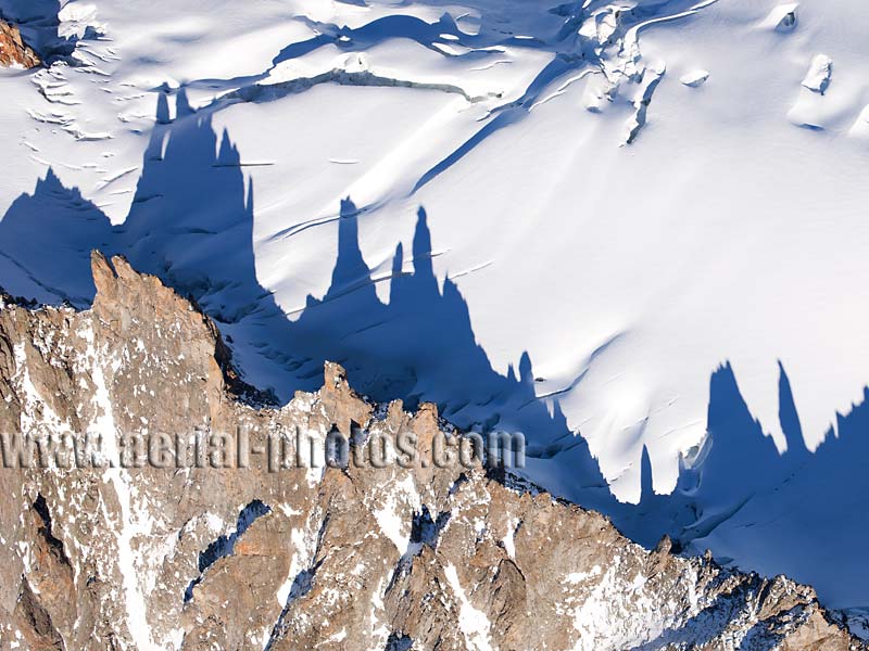 Aerial view. Photo of Les Périades Needles, Chamonix Mont-Blanc, Haute-Savoie, Auvergne-Rhône-Alpes, France. Vue aérienne, Aiguilles Les Périades.