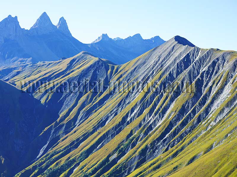 Aerial view. Photo of Mont Falcon in Albiez-Montrond, Savoie, Auvergne-Rhône-Alpes, France. Vue aérienne.
