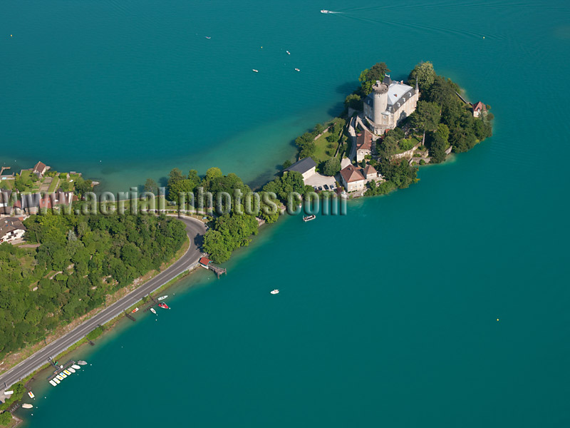 AERIAL VIEW photo of Duingt Castle, Lake Annecy, Haute-Savoie, Auvergne-Rhône-Alpes, France. VUE AERIENNE, Château de Duingt, Lac Annecy.