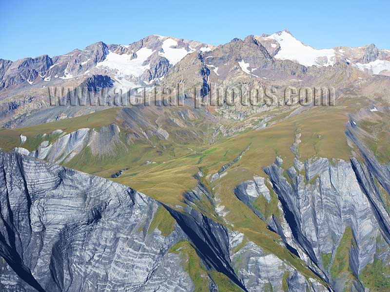 Aerial view. Photo of Saint-Sorlin d'Arves, Les Grandes Rousses Massif, Auvergne-Rhône-Alpes, France. Vue aérienne.