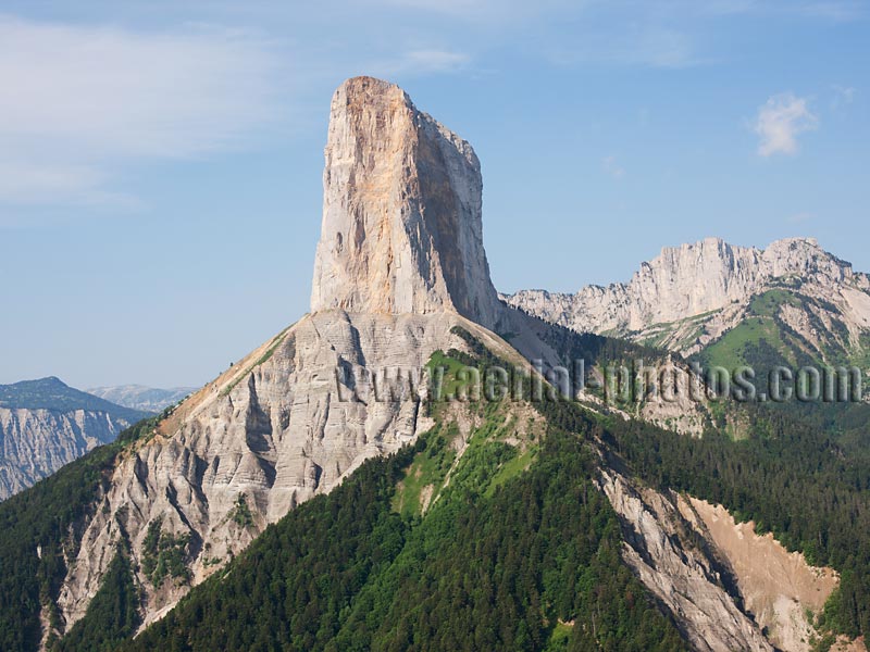 Aerial view. Photo of Mont Aiguille, Vercors Mountain, Isère, Auvergne-Rhône-Alpes, France. Vue aérienne, Montagne du Vercors.