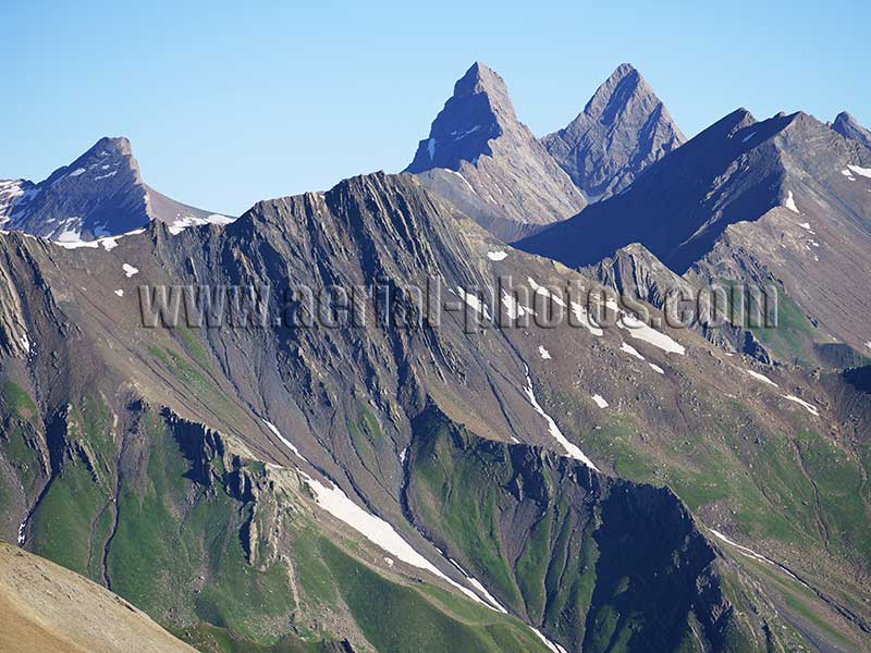 Aerial view. Photo of Aiguilles d'Arves, Valloire, Savoie, Auvergne-Rhône-Alpes, France. Vue aérienne.