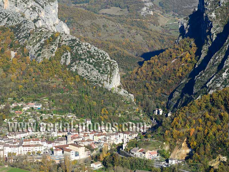 Aerial view. Photo of Pont-en-Royans, Vercors Mountain, Isère, Auvergne-Rhône-Alpes, France. Vue aérienne, Montagne du Vercors.