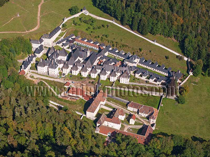 Aerial view. Photo of the Grande Chartreuse Monastery, Isère, Auvergne-Rhône-Alpes, France. Vue aérienne.