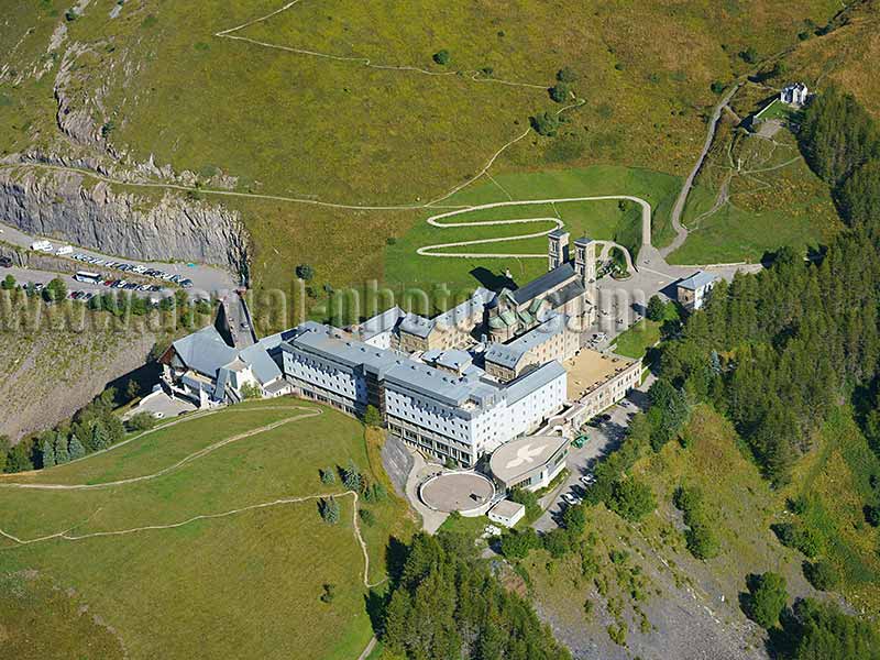 Aerial view. Photo of a sanctuary in the Alps, Isère, Auvergne-Rhône-Alpes, France. Vue aérienne.