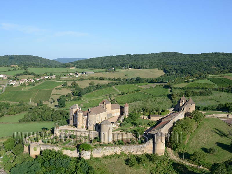 AERIAL VIEW photo of Berzé Castle, Berzé-le-Castel, Saone-et-Loire, Burgundy, France. VUE AERIENNE, Chateau de Berzé, Bourgogne-Franche-Comté.