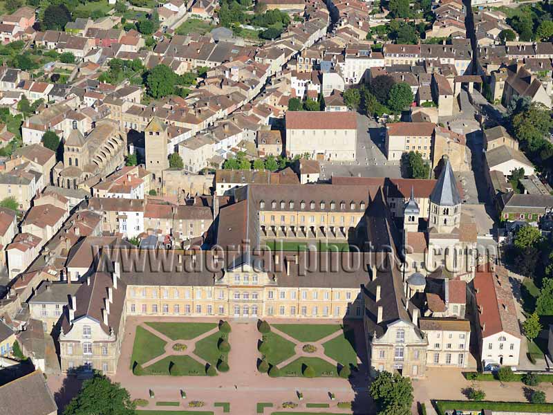 AERIAL VIEW photo of Cluny Abbey, Burgundy, France. VUE AERIENNE, Abbaye de Cluny, Bourgogne-Franche-Comté.