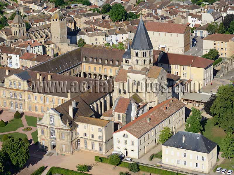 AERIAL VIEW photo of Cluny Abbey, Burgundy, France. VUE AERIENNE, Abbaye de Cluny, Bourgogne-Franche-Comté.