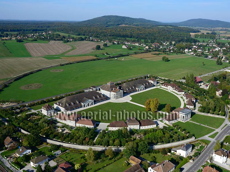 AERIAL VIEW photo of the Royal Saltworks, Burgundy, France. VUE AERIENNE, Saline Royale, Bourgogne-Franche-Comté.