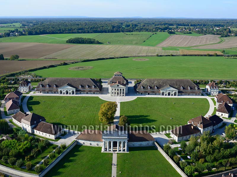 AERIAL VIEW photo of the Royal Saltworks, Burgundy, France. VUE AERIENNE, Saline Royale, Bourgogne-Franche-Comté.