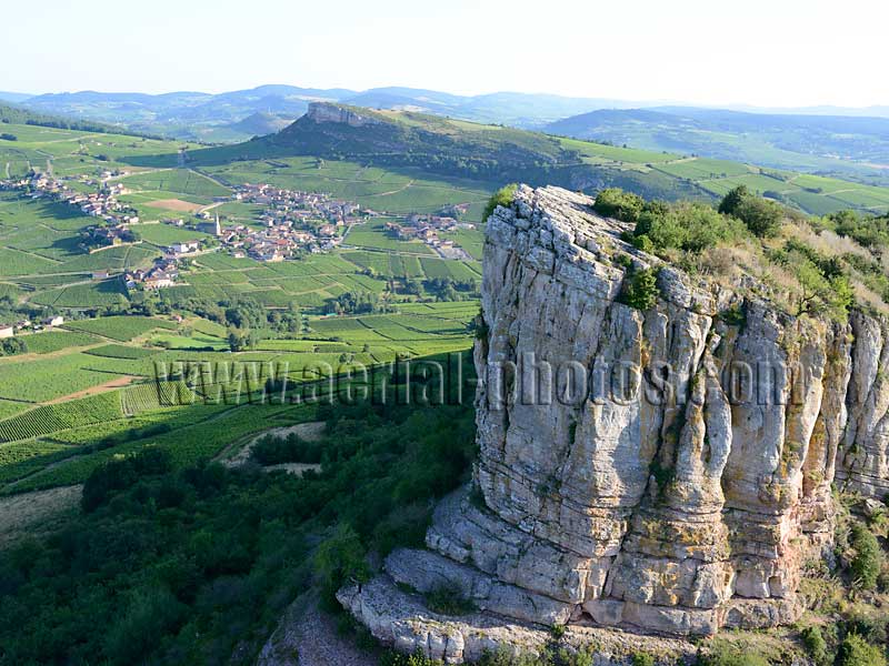 AERIAL VIEW photo of a cliff, La Roche de Solutré, Saone-et-Loire, Burgundy, France. VUE AERIENNE falaise, Bourgogne-Franche-Comté.