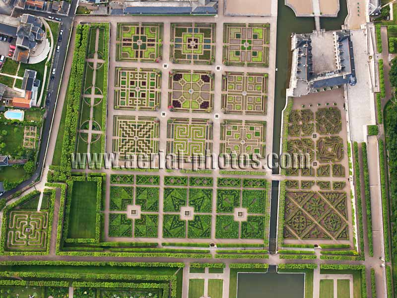 AERIAL VIEW photo of Villandry Castle and Garden, Loire Valley, Centre, France. VUE AERIENNE, Château et Jardin de Villandry, Val de Loire.