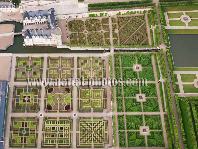 AERIAL VIEW photo of Villandry Castle and Garden, Loire Valley, Centre, France. VUE AERIENNE, Château et Jardin de Villandry, Val de Loire.