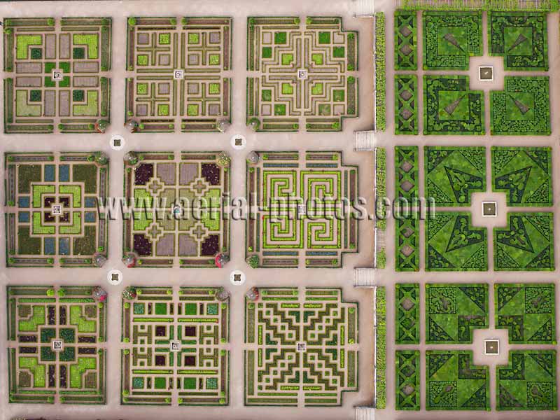 AERIAL VIEW photo of Villandry Castle and Garden, Loire Valley, Centre, France. VUE AERIENNE, Château et Jardin de Villandry, Val de Loire.