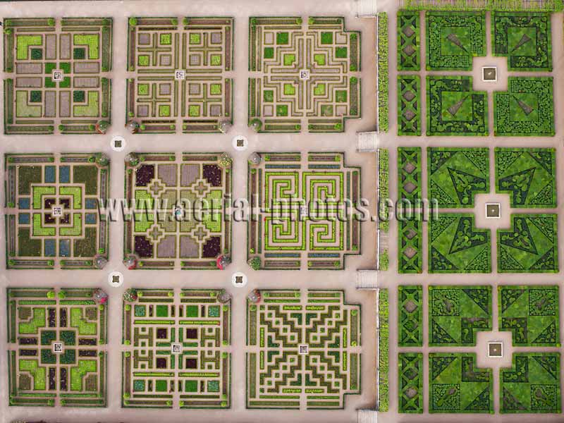 AERIAL VIEW photo of Villandry Castle and Garden, Loire Valley, Centre, France. VUE AERIENNE, Château et Jardin de Villandry, Val de Loire.