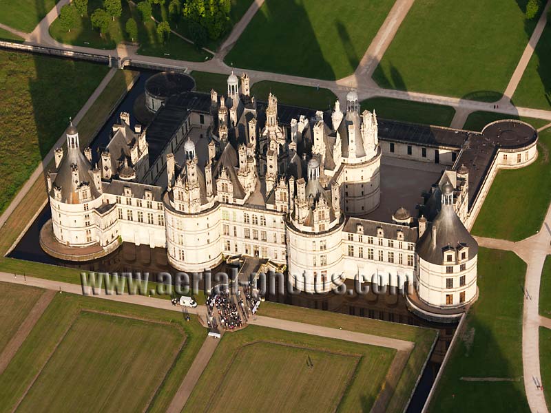 AERIAL VIEW photo of Chambord Castle, Loire Valley, Centre, France. VUE AERIENNE, Château de Chambord, Val de Loire.