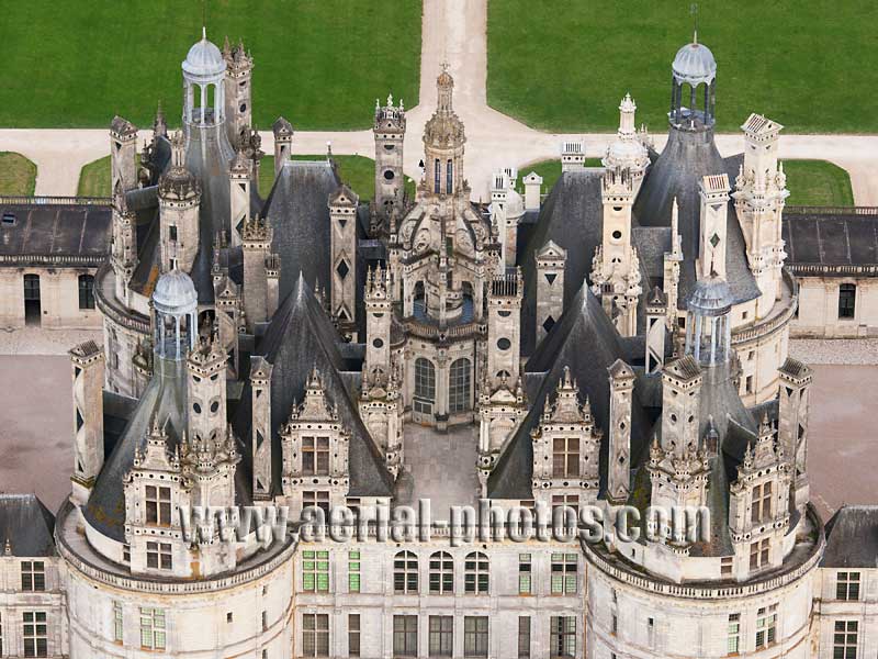 AERIAL VIEW photo of Chambord Castle, Loire Valley, Centre, France. VUE AERIENNE, Château de Chambord, Val de Loire.