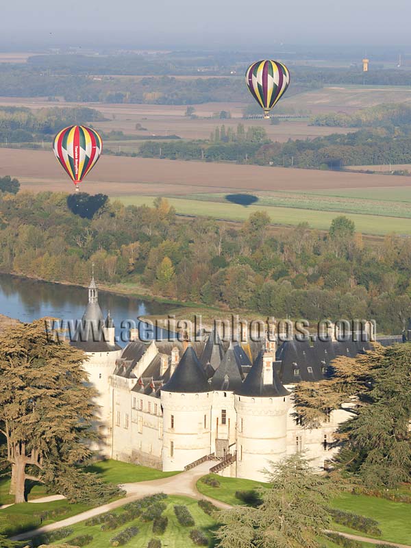 Aerial photo of Chaumont-sur-Loire Castle, Hot Air Balloon, Loire Valley, Centre, France. Vue aérienne, Château de Chaumont-sur-Loire, Montgolfière, Centre-Val de Loire.