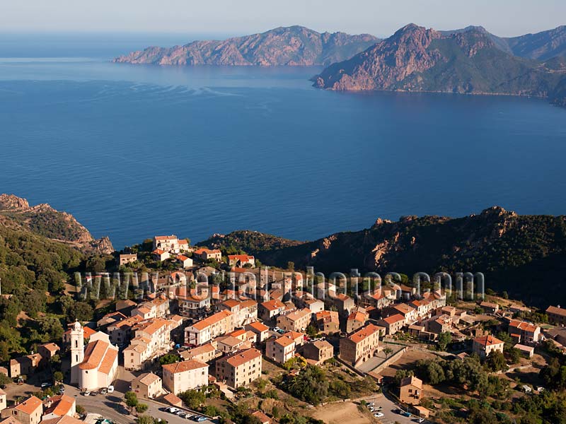 AERIAL VIEW photo of Piana village, Porto Gulf, Corsica, France. VUE AERIENNE Golfe de Porto, Corse.