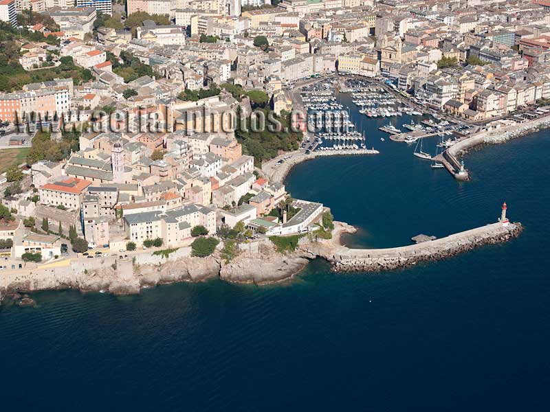 AERIAL VIEW photo of the citadel and marina of Bastia, Corsica, France. VUE AERIENNE citadelle et port de plaisance de Bastia, Corse.