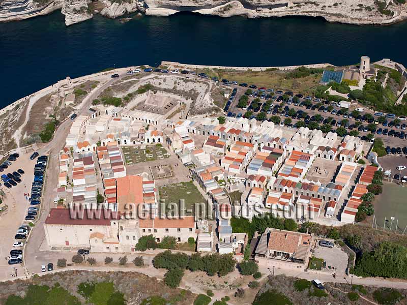 AERIAL VIEW photo of a marine cemetery, Bonifacio, Corsica, France. VUE AERIENNE cimetière marin, Corse.