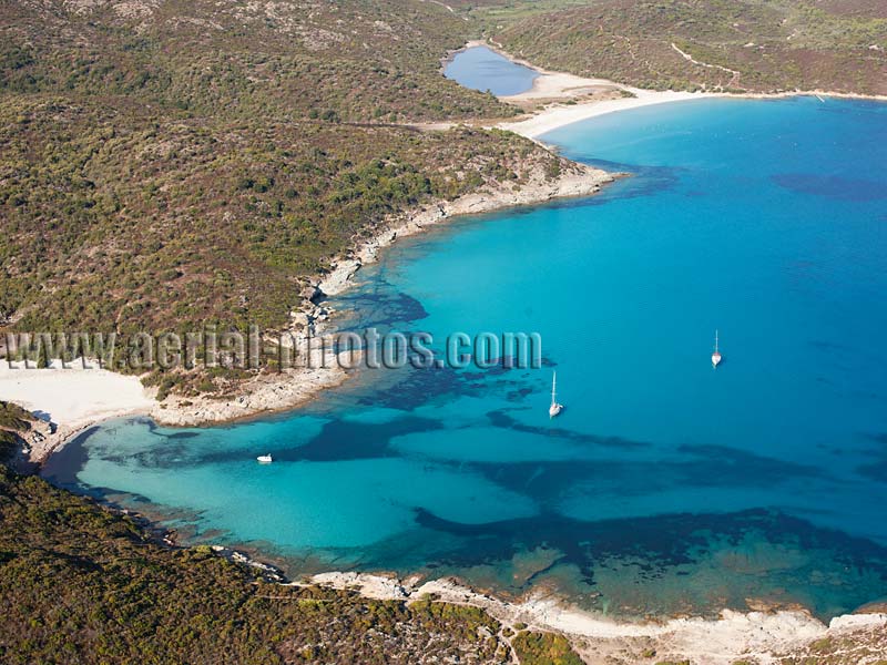 AERIAL VIEW photo of Lotu Beach, Agriates Desert, Corsica, France. VUE AERIENNE Plage du Loto, Désert des Agriates, Corse.