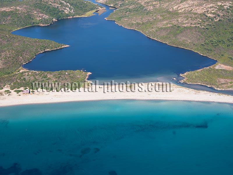 AERIAL VIEW photo of Balistra Pond, Corsica, France. VUE AERIENNE Étang de Balistra, Corse.