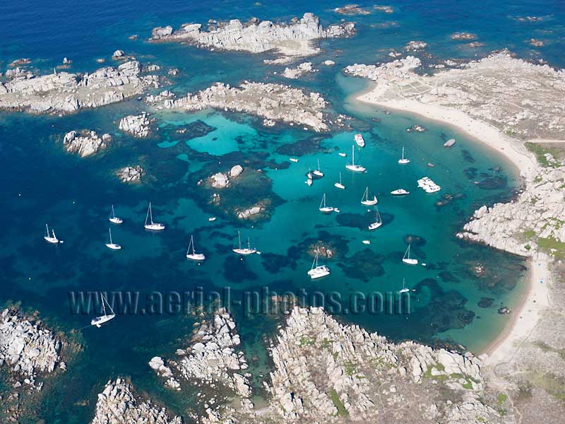 AERIAL VIEW photo of the anchorage of Cala Lazarina, Lavezzi Islands, Corsica, France. VUE AERIENNE mouillage de Cala Lazarina, Îles Lavezzi, Corse.