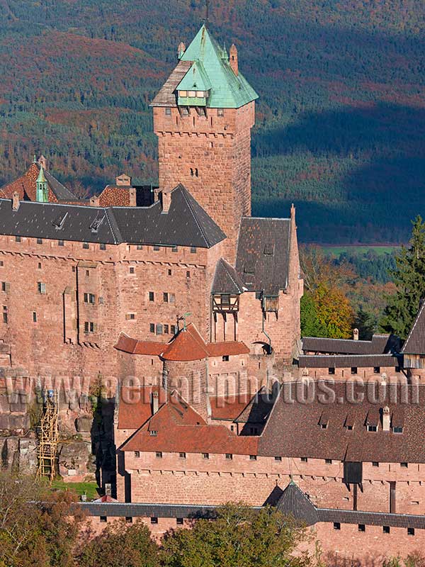 Aerial photo of Haut-Koenigsbourg Donjon, Bas-Rhin, Alsace, Grand Est, France. Vue aérienne.