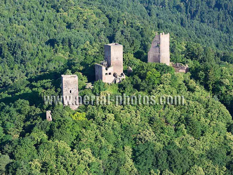 Aerial photo of Haut-Eguisheim Castles (Dagsbourg, Wahlenbourg, Weckmund), Haut-Rhin, Alsace, Grand Est, France. Vue aérienne, Châteaux de Haut-Eguisheim.