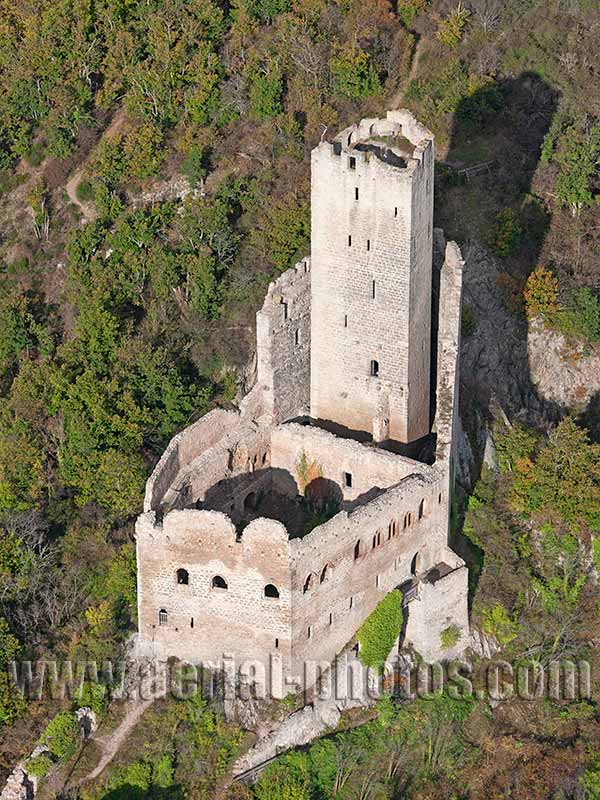 Aerial photo of Ortenbourg Castle, Bas-Rhin, Alsace, Grand Est, France. Vue aérienne, Château d'Ortenbourg.